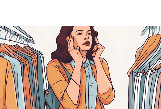 Femme hésitant devant une rangée de vêtements.