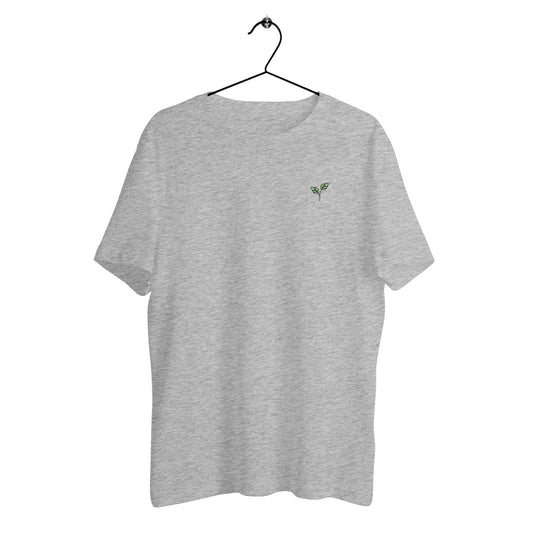 T-shirt en coton bio avec petit logo pousse côté cœur, style minimaliste et message vegan discret