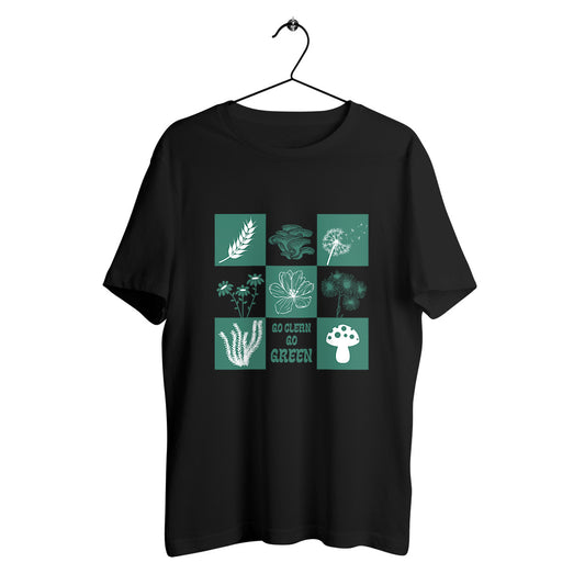 T-shirt en coton bio Go Clean Go Green avec illustrations botaniques et typographie rétro