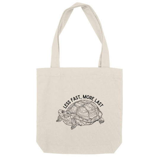 Tote bag recyclé Less Fast More Last avec visuel tortue, sac fourre-tout engagé