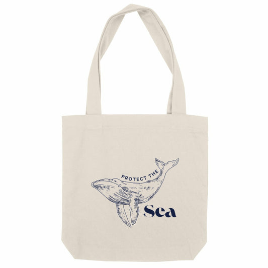 Tote bag recyclé Protect the Sea avec illustration de baleine et message écologique