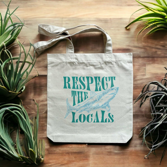 Tote bag recyclé Respect the Locals avec requin, eco-responsable